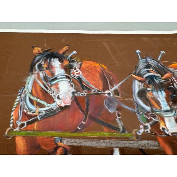 Vintage Equestrian Artwork Two Draft Horses Harness brown western 20.5x16" READ - Picture 8 of 10